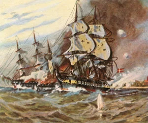 Atak niemieckiej baterii z plaży w Eckernförde, 5 kwietnia 1849, 1936.