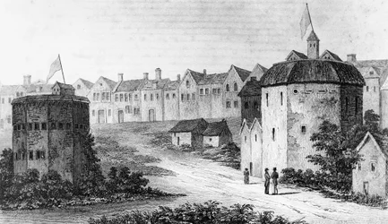 Globe Theatre, Bankside, Southwark po prawej i Bear Garden, c1597 1825