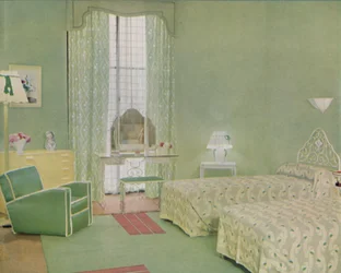Zielono-biała kolorystyka sypialni, 1938