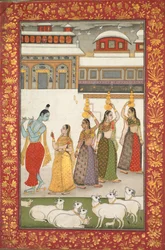 Gujari Ragini Krishna z Gopi grającymi na flecie, z serii Ragamala, połowa XVIII wieku.