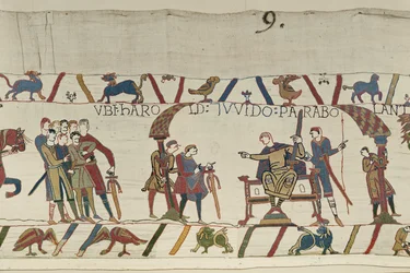 Harold i hrabia Guy z Ponthieu rozmawiają w Beaurain, Bayeux Tapestry (haft z wełny na płótnie)