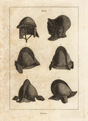 Hełm z otwieranym w dół beverem w Tower of London 1, hełm z podwójną belką 2 i salet z oreilletami lub nausznikami 3-6