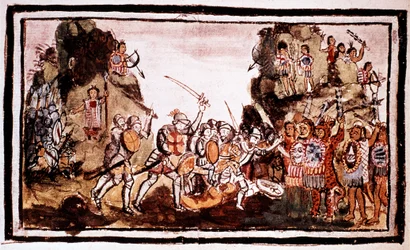 Hernando Cortes Cortez 1485-1547, hiszpański konkwistador, atakujący tubylców w Meksyku