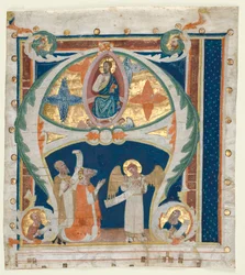 Historyczny inicjał A wycięty z graduału: Chrystus w majestacie z królem Dawidem..., c. 1300-1340.