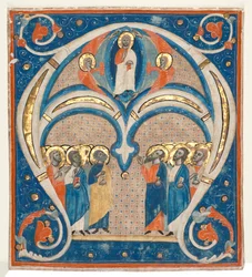 Historyczny inicjał A wycięty z responsorium: Chrystus w majestacie ze świętymi, c. 1280-1300.