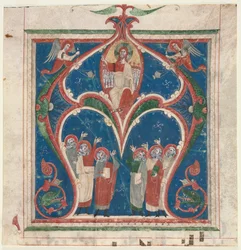 Historyczny inicjał A wycięty z antyfonarza: Chrystus w majestacie z prorokami, c. 1280-1300.