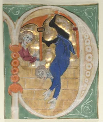 Historyczny inicjał P wycięty z Biblii, 1200s.