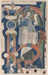 Historyczny inicjał P wycięty z księgi chóralnej: St. Michael and the Dragon, początek XIII wieku.