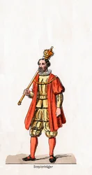 Posiadacz berła, projekt kostiumu do sztuki Szekspira, Henryk VIII, XIX w.