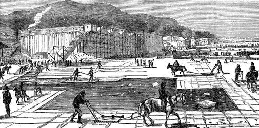 Zbieranie się lodu na rzece Hudson w pobliżu Nowego Jorku, USA, 1875