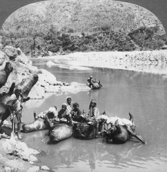Napompowane skóry byków używane jako promy na rzece Sutlej, Pendżab, Indie, ok. 1900