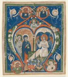 Inicjał A [ngelus Domini compressit] z antyfonarza: Trzy Marie przy grobie, ok. 1280-1300.