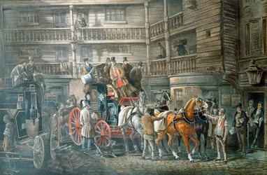 Podwórko zajazdu z autobusem pocztowym przygotowującym się do wyjazdu, ok. 1840 r.