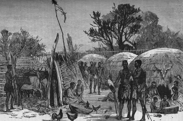 Wnętrze Kraala Zuli nad rzeką Tugela, ok. 1880 r.