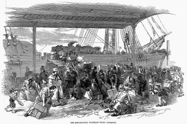Irlandzcy emigranci wyruszający do Ameryki w Waterloo Docks, Liverpool, 1850