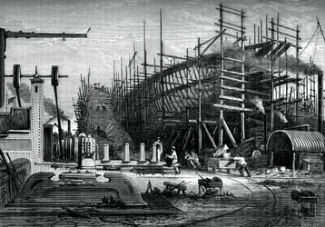 Żelazny statek, stocznia panów Samudas, Isle of Dogs, Londyn, ok. 1880 r.