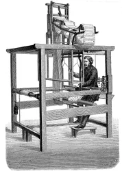 Krosno żakardowe, z łupami kart perforowanych, z których utkano wzór, 1876