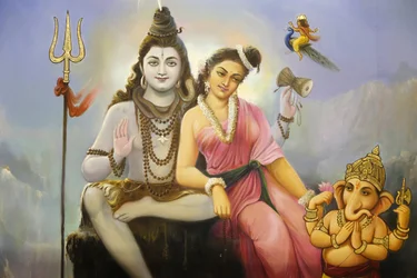 Hinduska świątynia Jalaram Pratna, Leicester. Fresk osadzający Shivę, Parvati i Ganesha. Zjednoczone Królestwo