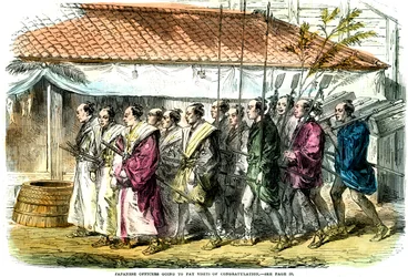 Japońscy oficerowie udają się z wizytami gratulacyjnymi, Japonia, 1865