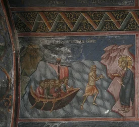 Jezus chodzi po wodzie. Chrystus ratujący Piotra z utonięcia, XIV wiek