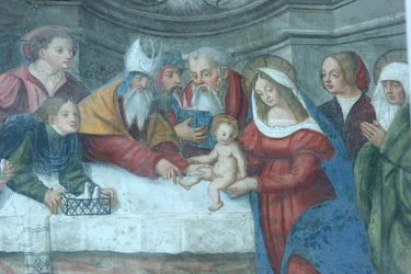 Jezus na fresku świątynnym na drzwiach katedry Najświętszej Marii Panny Aoste Italia