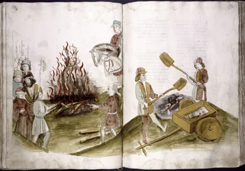 Jan Hus zostaje spalony na stosie 6 lipca 1415, a jego prochy wrzucane do Renu z: Ulrich Richental Chronicle of the Coun, 1414-1418