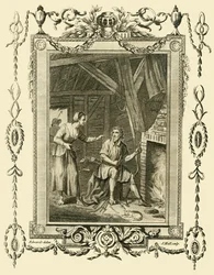 Król Alfred w przebraniu skarcony przez żonę schludnego stada za pozwolenie na spalenie ciastek, c878, 1783.