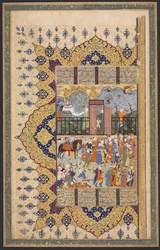 Król Luhrasp wstępuje na tron: Proceson przybywa na dziedzińcu Recto..., c. 1560-80.