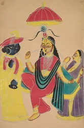 Krishna stojący obok Radhy, która siedzi na krześle, 1800s.