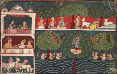Kryszna kradnący ubrania gopi, strona z Bhagavata Purany, c. 1650.