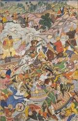 Kryszna i Balarama walczą z wrogiem, Folio z Harivamsy Legenda o Hari..., c1590-95.