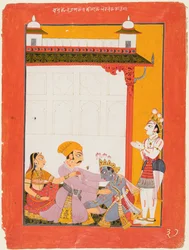 Kryszna i Balarama dotykają stóp Vasudevy i Devaki, 1730-40.