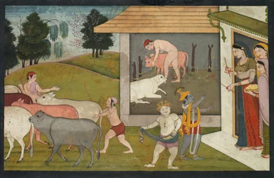 Kryszna i Lakszmana Wyprowadzają bydło na pastwisko, strona z Bhagavata Purany, ok. 117. 1780-1790.
