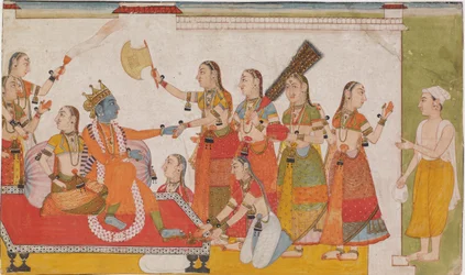 Kryszna Witając Sudamę, z Bhagavata Purny, c. 1700.