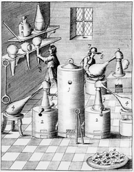 Laboratorium do rafinacji złota i srebra z typowym wyposażeniem laboratoryjnym, 1683