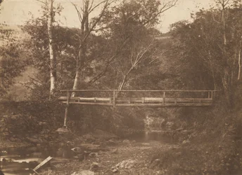 Krajobraz z drzewami i mostem, ca. 1850.