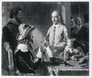 Angielski lekarz William Harvey (1578-1637) przedstawiający królowi Karolowi I Stuartowi (1600-1649) teorię krążenia krwi