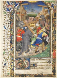 Liść wycięty z Tarleton Hours: Chrystus niosący krzyż Terce, Urząd Najświętszej Maryi Panny, ok. godz. 14