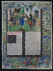 Kartka z Kroniki uniwersalnej Jehana de Courcys: Król Priam spotyka Helenę i Paryż..., c. 1470.