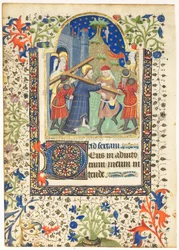 Kartka z Księgi Godzin: Chrystus dźwigający krzyż Seksta, Godziny krzyża, c. 1410-1420.