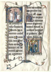 Kartka z mszału z dwoma historycznymi inicjałami: Inicjał P[er omnia wieki saeculi]..., c. 1300