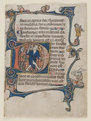 Liść z psałterza: Inicjał D: Głupiec skarcony przez Boga, c. 1300-1320.