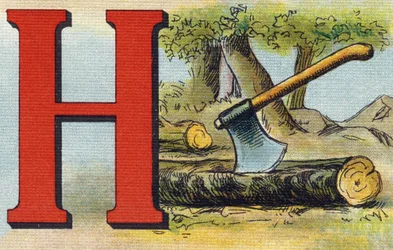 Litera H: topór. Grawerowanie w "Alfabet de ma petite fille". Bernardin-Bechet i Fils, księgarz-wydawnictwo, Paryż, ok. 1895. Niezniszczalny album na płótnie. Bibliotheque des Bebes. 12 stron. Album zawierający sposób czytania i ilustracyjne abecedary.