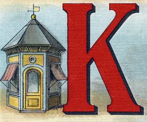 Litera K: kiosk. Grawerowanie w "Alfabet de ma petite fille". Bernardin-Bechet i Fils, księgarz-wydawnictwo, Paryż, ok. 1895. Niezniszczalny album na płótnie. Bibliotheque des Bebes. 12 stron. Album zawierający sposób czytania i ilustracyjny abecedar