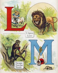 Litera L i M: jagnięcina i lew, makak, rękaw i musette. Grawerowanie w „ABC L