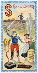 Litera S: słońce, siew, siewca, sługa, otępienie, żołnierz, miecz, siodło, wąż, posąg, kopyto, torba. Rycina alfabetu pod redakcją Chocolata Sucharda, początek XX wieku. 24 chromatografie przedstawiające miejsca, postacie i przedmioty do