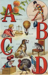 Litery A B C D; Morele; Arlekin; Saldo; Balon; Bebe; Wiśnie; Krzesło dla kota; Pies; Koc; Diabeł; Indyk; Flaga. Grawerowanie w "Alfabet de ma petite fille". Bernardin-Bechet i Fils, księgarz-wydawnictwo, Paryż, ok. 1895. Niezniszczalny album na puszce
