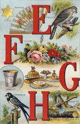 litery E F G H; Jaskółka; Miłośnik; Kwiaty; Ciastka; Filiżanka; Haszetka; Jaskółka. Grawerowanie w "Alfabet de ma petite fille". Bernardin-Bechet i Fils, księgarz-wydawnictwo, Paryż, ok. 1895. Niezniszczalny album na płótnie. Bibliotheque des Bebes. 12 str