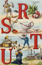 Litery R S T U; rzodkiewka grabie; Rzymski; Szabla; cukier sosowy; Bęben trąbkowy; Top; Mundur; Fabryka. Grawerowanie w "Alfabet de ma petite fille". Bernardin-Bechet i Fils, księgarz-wydawnictwo, Paryż, ok. 1895. Niezniszczalny album na płótnie. Bibliotek