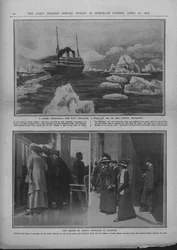 Liniowiec na polu lodu i ludzie czekają na wieści o katastrofie Titanica, 20 kwietnia 1912.